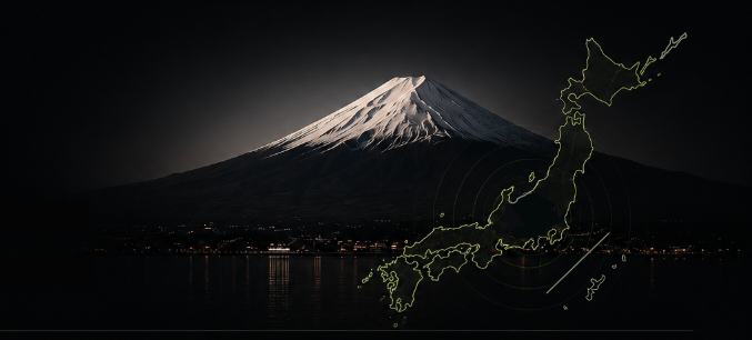 Mt Fuji at night with glowing Japan map